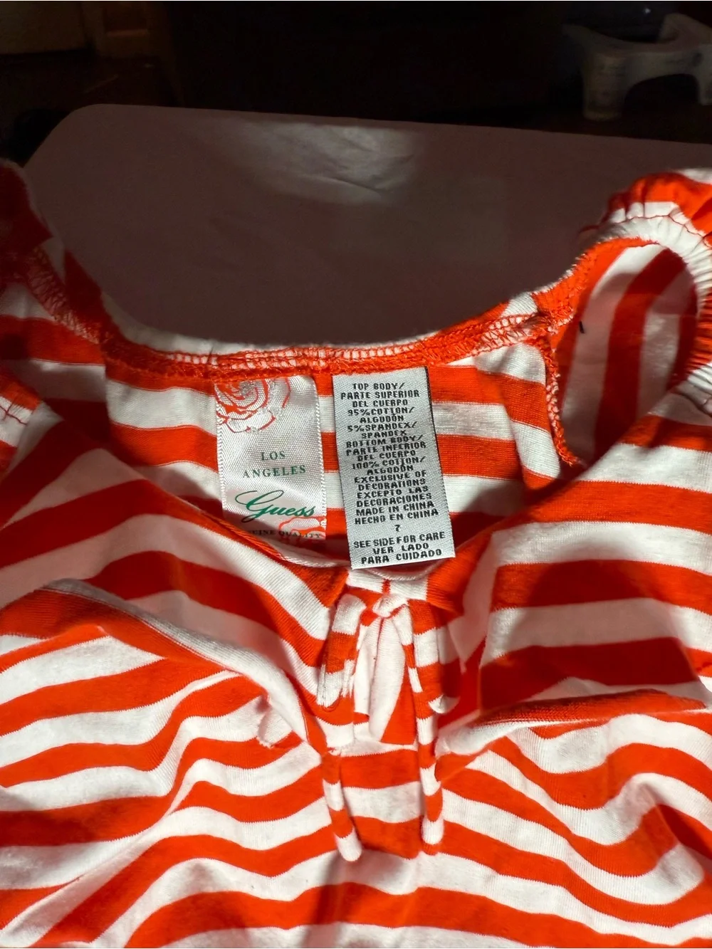 Guess Red & White Striped Top with Denim-Look Bottom Romper. One piece. Kids 7
